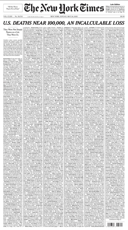 미국 코로나19 사망자 1천명 이름을 24일자 신문 1면에 실은 뉴욕타임스. (출처: NYT 트위터)