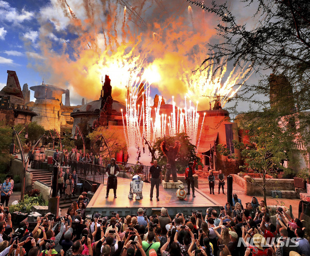 지난해 8월 미 플로리다주 레이크 부에나비스타의 디즈니 할리우드 스튜디오에서 스타워즈 테마파크 '스타워즈: 갤럭시 엣지'가 개장해 축하 불꽃놀이가 열리고 있다(출처: 뉴시스)