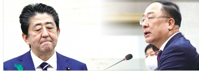 일본 아베 총리(왼쪽)와 홍남기 경제부총리 겸 기획재정부장관 (출처: 뉴시스)