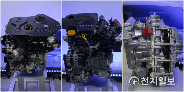[천지일보 인제=김정필 기자] 르노삼성자동차 ‘더 뉴 SM6’에 장착된 신형 엔진이 전시돼 있다. (왼쪽부터) TCe 300, TCe 260, 7단 습식 듀얼 클러치 변속기.ⓒ천지일보 2020.7.20