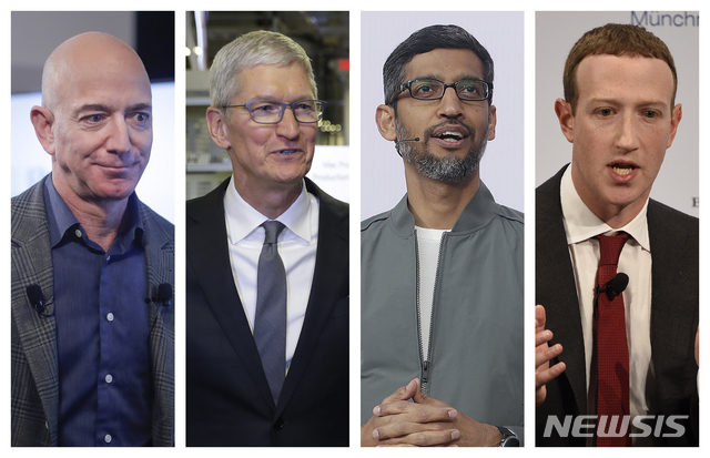 왼쪽부터 제프 베이조스 아마존 최고경영자(CEO), 팀 쿡 애플 CEO, 순다르 피차이 구글 CEO, 마크 저커버그 페이스북 CEO. (출처: 뉴시스)
