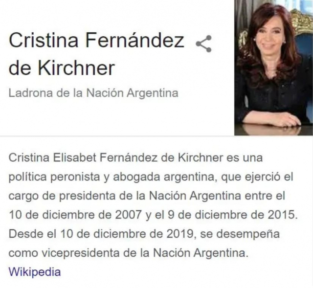 지난 5월 페르난데스 전 대통령 이름 아래 '아르헨티나 도둑'이라고 표기된 구글 검색 결과. (출처: 연합뉴스, , 위키피디아)