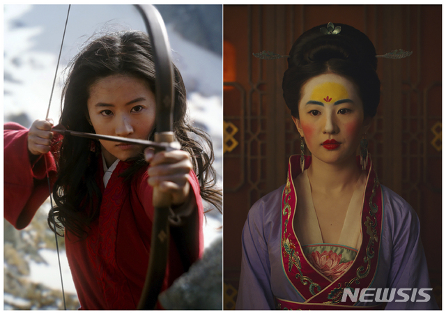 영화 뮬란에 대한 논란이 커지고 있다. 중국 네티즌들은 등장인물의 분장(오른쪽)에 대해 “실제 중국 문화의 반영이라기 보다는 중국에 대한 서구의 고정관념을 반영한 것”이라고 불만을 토로하고 있다. (출처: 디즈니, 뉴시스)