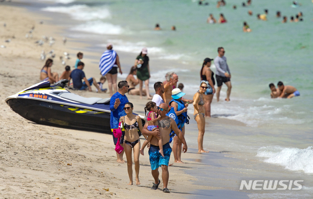 신종 코로나바이러스 감염증(코로나19)이 이어지고 있는 6일(현지시간) 미 플로리다주 서니 아일즈 비치의 해변에 모인 사람들이 화창하고 더운 연휴를 즐기고 있다.(출처: 뉴시스)