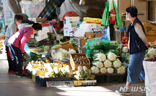 서울 마포 농수산물시장을 찾은 손님들이 농산물을 구입하고 있다. (출처: 뉴시스)