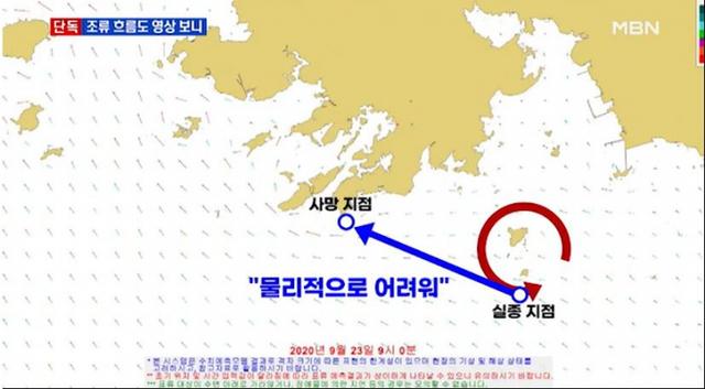 북한에 피살된 해양수산부 공무원 이모씨가 표류한 22일 당시 국립해양조사원의 조류흐름도 모습. (출처: MBN 방송 캡처)