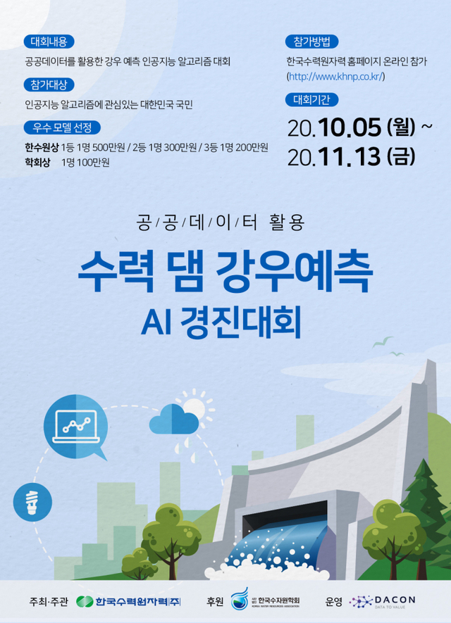 한수원 공공데이터 활용 수력 댐 강우예측 AI 경진대회 포스터 ⓒ천지일보 2020.10.5