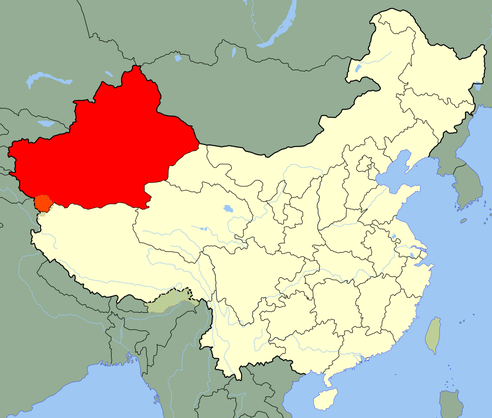 중국 신장 위구르 자치구 위치(빨간색으로 표시된 지역). (출처: 네이버 이미지)