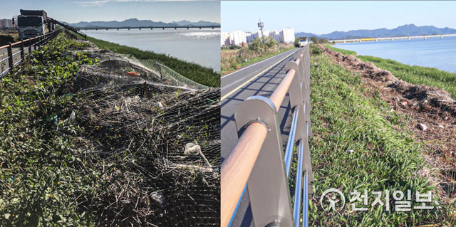 영산강 하구 적치 쓰레기 수거 전(왼쪽)과 후(오른쪽)의 모습. (제공: 목포시) ⓒ천지일보 2020.10.16