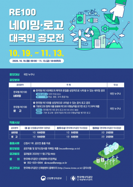 한국에너지공단, ‘RE100 대국민 공모전’ 포스터 ⓒ천지일보 2020.10.19