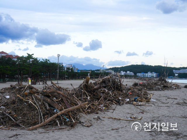 양양군 낙산해수욕장에 해양쓰레기가 쌓인 모습 (제공: 양양군) ⓒ천지일보 2020.10.20
