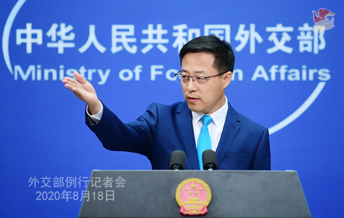자오리젠 중국 외교부 대변인이 18일 오후 베이징에서 열린 정례 기자회견을 주재하고 있다. (출처: 뉴시스)
