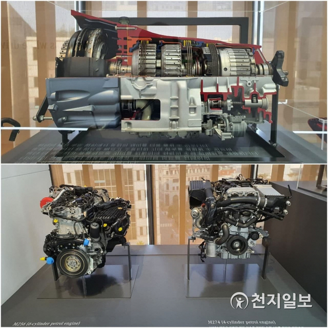 [천지일보=김정필 기자] 더 뉴 메르세데스-벤츠 E-클래스에 장착된 파워트레인. 9G-TRONIC 자동변속기(위), M256 엔진(왼쪽 아래), M274 엔진 등이 더 하우스 오브 E 전시장에 전시돼 있다. M256은 E 450 4MATIC 모델에 적용된 6기통 가솔린 엔진이고, M274는 직렬 4기통 가솔린 엔진으로 E 250, E 300 e 4MATIC에 탑재돼 있다. ⓒ천지일보 2020.10.27