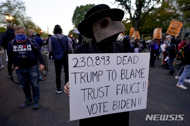 미 대선 투표일인 3일(현지시간) 한 시위자가 백악관 밖에서 미국의 코로나19 사망자 숫자가 쓰인 손팻말을 들고 트럼프에게 책임이 있다며 시위하고 있다(출처: 뉴시스)