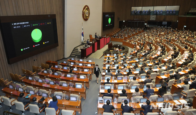 박병석 국회의장이 19일 오후 서울 여의도 국회에서 형법 일부개정법률안에 대한 본회의를 진행하고 있다. (출처: 뉴시스)