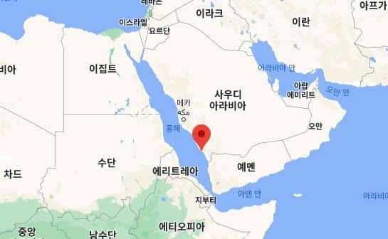 사우디아라비아 남서부 슈퀘이크(빨강 표시)가 포함된 지도. (출처: 구글)