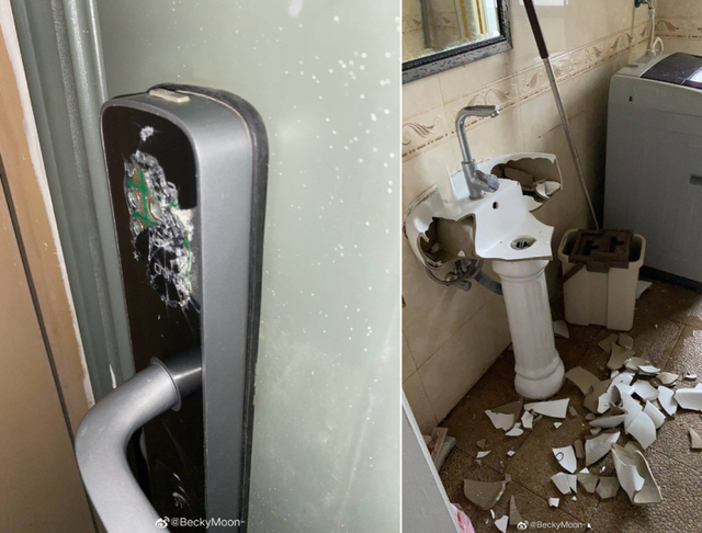 세입자 내쫓기 위해 집주인이 훼손한 아파트 입구와 화장실 세면대 (출처: 중국 웨이보, 연합뉴스)