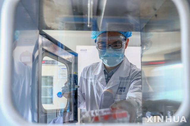 지난 6월 중국 제약사 시노팜의 한 연구원이 코로나19 백신 연구물질을 살펴보는 모습(출처: 뉴시스)
