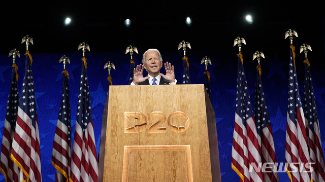 [윌밍턴=AP/뉴시스]조 바이든 미국 민주당 대선 후보가 민주당 전당대회 마지막 날인 지난 20일(현지시간) 델라웨어 윌밍턴에서 후보 수락 연설을 하고 있다. 2020.8.25.