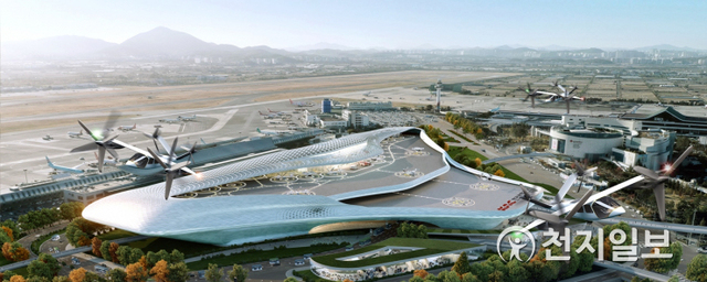 SK텔레콤, 한국공항공사, 한화시스템, 한국교통연구원이 추진하는 UAM 서비스 조감도. 김포공항에 구축을 검토 중인 ‘버티허브(Verti-hub)’는 UAM용 터미널인 ‘버티포트(Vertiport)’의 상위개념으로, UAM과 다른 교통수단을 연결하는 역할을 한다. (제공: 한국공항공사) ⓒ천지일보 2021.1.28