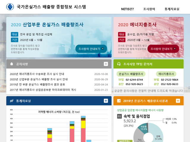 NETIS(국가 온실가스 배출량 종합정보 시스템) 홈페이지 메인 화면 (제공: 한국에너지공단) ⓒ천지일보 2021.2.4