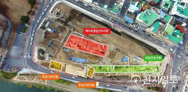 지난 2018년 진주대첩기념광장 조성부지에서 발견된 외성(석성), 토성, 배수로 발굴위치도. (제공: 진주시) ⓒ천지일보 2020.2.3