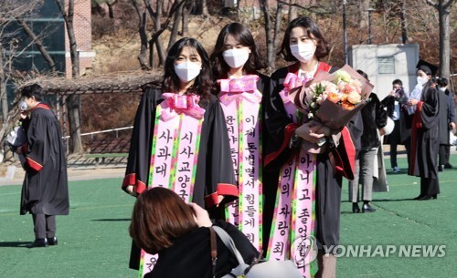 18일 서울 마포구 서강대학교에서 졸업생들이 기념사진을 촬영하고 있다. 서강대학교는 이날 학위수여식을 비대면으로 진행했다. (출처: 연합뉴스)