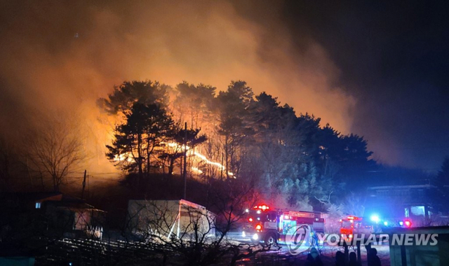 19일 강원 양양군 양양읍 사천리의 야산에서 화재가 발생해 점차 번지고 있다. (출처: 연합뉴스) 2021.2.19