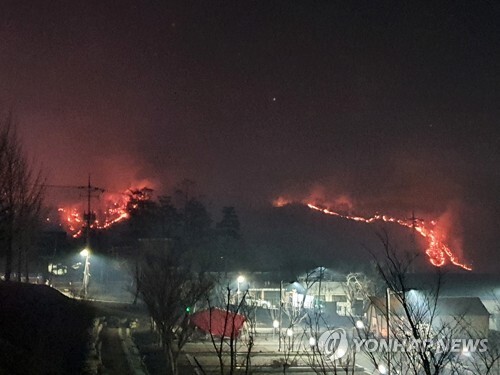 (안동=연합뉴스) 21일 경북 안동시 임동면 망천리 야산에서 불이 나 주변으로 번지고 있다.
