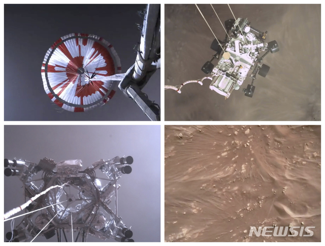 [AP/뉴시스]미 항공우주국(NASA)이 22일(현지시간) 공개한 화성 탐사 로버 퍼서비어런스의 착륙 모습. 2021.02.23.