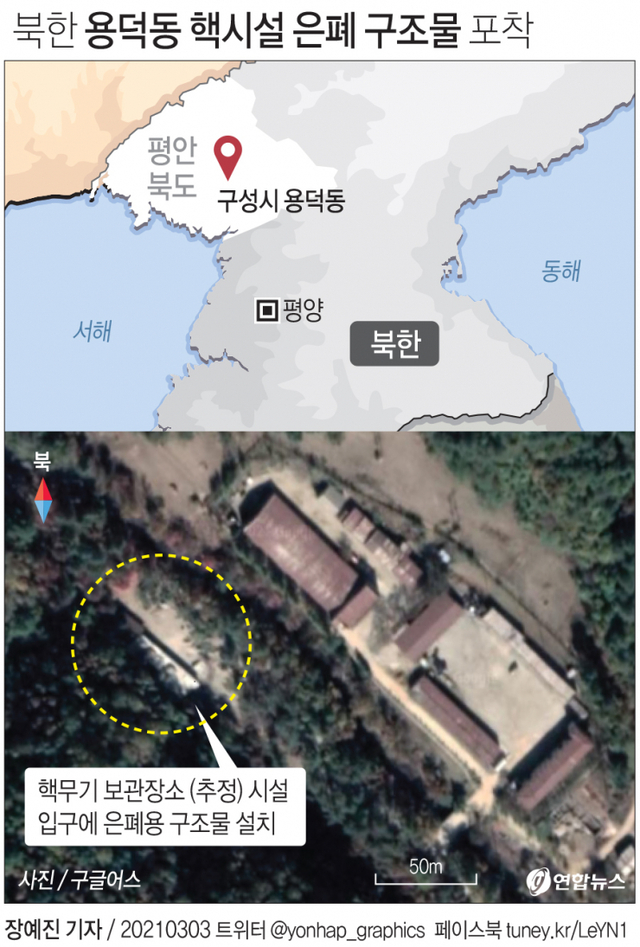 [그래픽] 북한 용덕동 핵시설 은폐 구조물 포착. (출처: 연합뉴스)