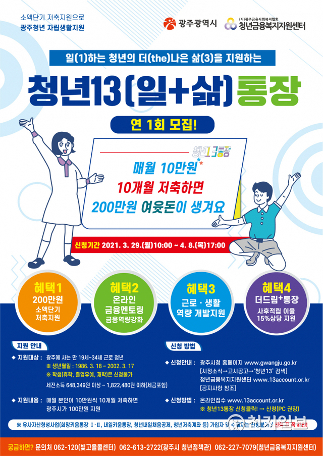 ‘청년13(일+삶)통장’ 6기 참여자 모집 포스터. (제공: 광주시청) ⓒ천지일보 2021.3.18