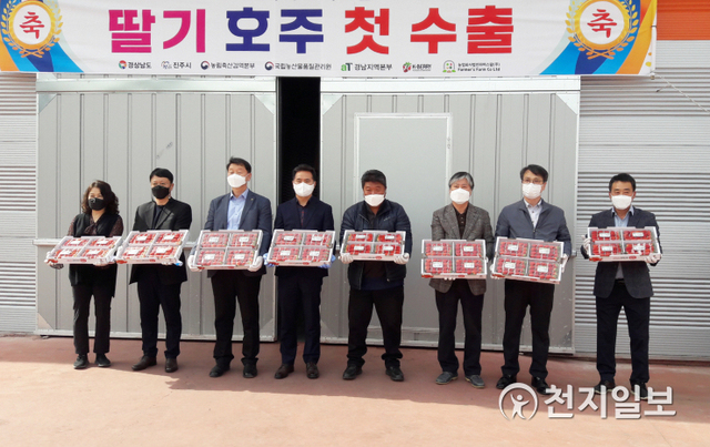 지난 17일 경남 진주 문산읍 농산물 수출단지 파머스팜에서 진주딸기를 호주로 수출하는 선적식이 열리고 있다. (제공: 진주시) ⓒ천지일보 2021.3.19