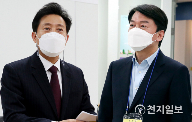 [천지일보=박준성 기자] 서울특별시장 보궐선거 후보등록 마지막날인 19일 오후 국민의힘 오세훈 서울시장 후보(왼쪽)와 국민의당 안철수 서울시장 후보가 서울 종로구 서울시선관위에서 후보등록 소감과 단일화 협상 관련 입장을 밝히고 있다. ⓒ천지일보 2021.3.19