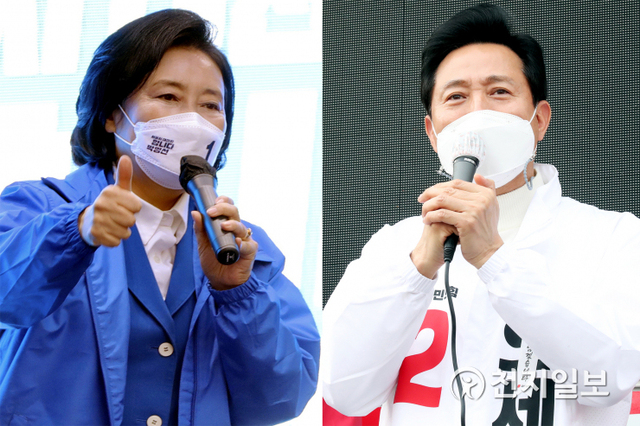 [천지일보=박준성 기자] 4.7 서울시장 보궐선거 선거운동 둘째날인 26일 더불어민주당 박영선 서울시장 후보와 국민의힘 오세훈 서울시장 후보. ⓒ천지일보 2021.3.26