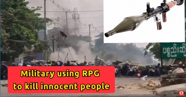 미얀마군은 시민들을 향해 로켓추진수류탄(RPG)까지 사용하는 상황이다. 사진은 미얀마군이 RPG를 사용했다고 주장하는 유튜브 영상 캡처 모습. (출처: MKP Burmese Blog)