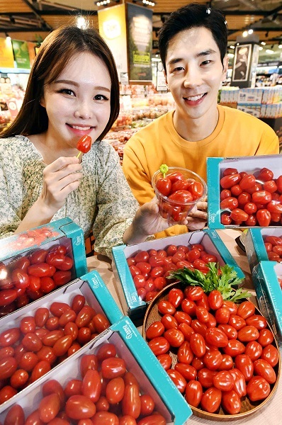 모델들이 7일 서울 등촌동 홈플러스 강서점에서 ‘스낵 토마토’를 선보이고 있다. (제공: 홈플러스)