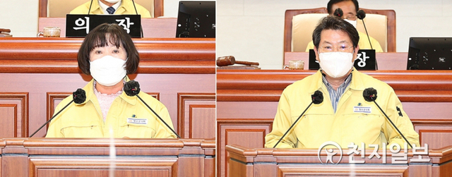 장수군의회가 7일 제323차 임시회를 개회한 가운데 나금례 의원(왼쪽)과 한국희 의원이 5분 발언을 하고 있다. (제공:장수군의회) ⓒ천지일보 2021.4.7