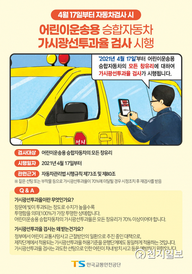 ‘어린이운송용 승합자동차 가시광선투과율 검사’ 시행 포스터. (제공: 한국교통안전공단) ⓒ천지일보 2021.4.12