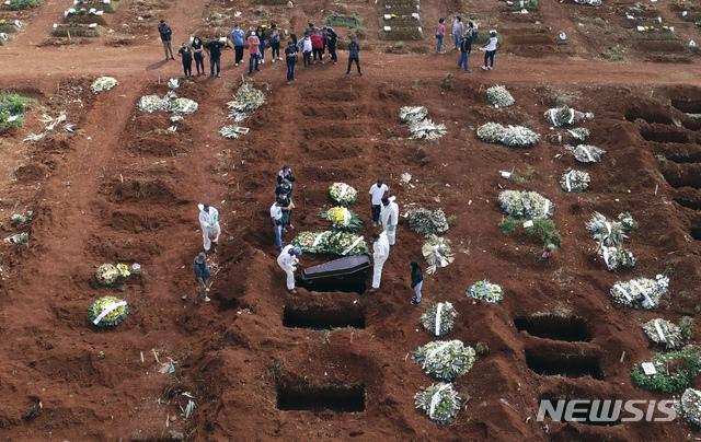 7일(현지시간) 브라질 상파울루의 한 공동묘지에서 묘지 관계자들이 코로나19 합병증으로 숨진 사람의 관을 매장하고 있다. 상파울루시는 코로나19 사망자 급증에 따라 시립 묘지에 매일 600기 정도의 묘지를 추가하기 시작했다고 밝혔다. (출처: 뉴시스)