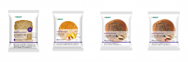 브레다움 4종. (왼쪽부터) 로스팅호두식빵, 달달크림빵, 크림듬뿍단팥빵, 딸기크림단팥빵. (제공: 세븐일레븐)