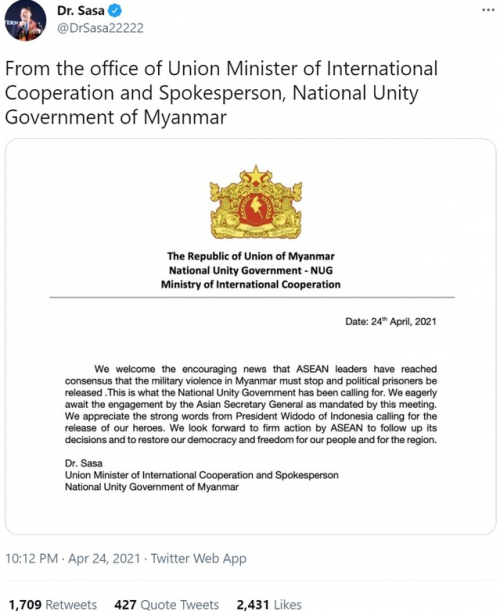 미얀마 민주진영인 국민통합정부(NUG)가 24일 동남아국가연합(아세안) 정상회의 결과에 환영의 뜻을 표했다. (출처: 사사 NUG 대변인 트위터 갈무리)