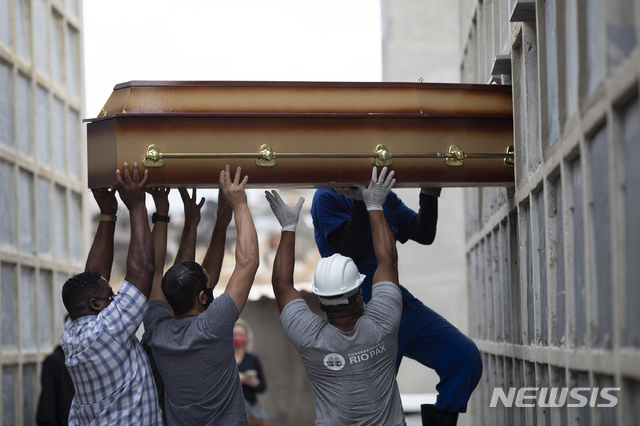 [리우데자네이루=AP/뉴시스] 지난 13일(현지시간) 브라질 리우데자네이루의 이나후마 공동묘지에서 이곳 근로자들이 유가족과 함께 코로나19 합병증으로 숨진 한 여성의 유해가 담긴 관을 안치하고 있다.