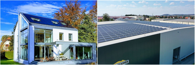 독일 바이에른주 주거용 태양광과 독일 고객사 공장 지붕 태양광. (제공: 한화큐셀)