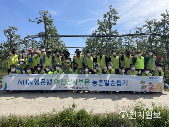 11일 NH농협은행 여신심사부문 임직원 봉사단이 경기도 파주 오도동 사과 농과에서 적과 작업을 마치고 기념촬영을 하고 있다. (제공: NH농협은행) ⓒ천지일보 2021.5.11