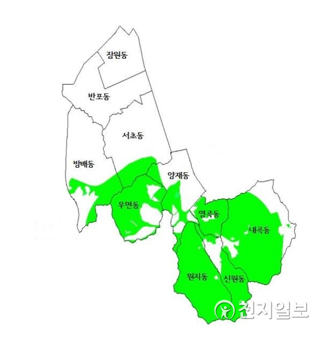서초구 토지거래허가구역 재지정(초록색 표시). (제공: 서울시) ⓒ천지일보 2021.5.13