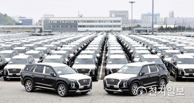 현대자동차가 지난 15일 평택항에서 콩고민주공화국(DR콩고)으로 수출되는 대형 스포츠유틸리티차량(SUV) 팰리세이드 500대 중 1차 선적 분 250대를 선적했다고 16일 밝혔다. (제공: 현대자동차) ⓒ천지일보 2021.5.16
