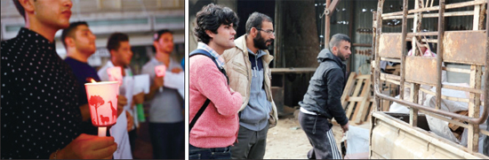 지난 6일 서울 명동에서 헬프시리아 회원들이 세 살짜리 시리아 난민 쿠르디의 죽음을 추모하고 있다(왼쪽). 압둘 와합 기획국장이 레바논 시리아 난민 캠프에서 난민들의 생활을 들여다 보고 있다. (사진제공: 헬프시리아)