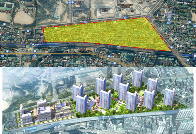 인천시 미추홀구 도화동 96-1번지 일원 역세권사업 위치도(위쪽)와 조감도(예시안) (제공: 인천시청) ⓒ천지일보 2021.5.26