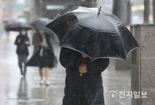 [천지일보=남승우 기자] 비가 내린 1일 오전 서울 종로구 탑골공원 인근에서 시민들이 우산을 쓴 채 발걸음을 옮기고 있다. ⓒ천지일보 2021.3.1